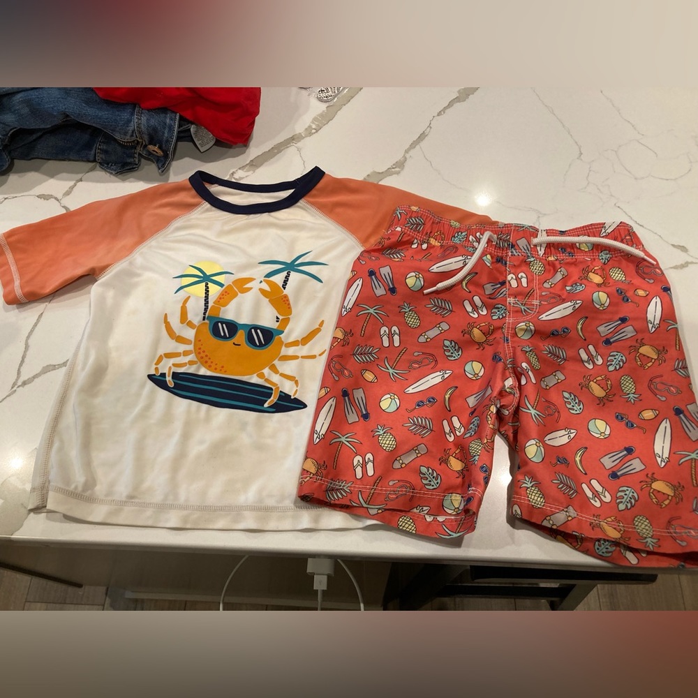 Toddler boy old navy rash guard swim trunks orange white surfer crab beach set